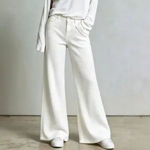 Women waffle knit loose casual straight leg trousers detail, comfortable daily wear pants.