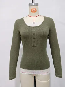 Green ribbed long sleeve top for women, chic button front contrast lace knit blouse.