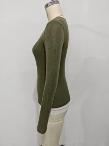 Olive green ribbed long sleeve knit top, side view showing slim fit silhouette details.