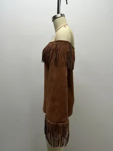 Detail view of the brown vintage fringe off-the-shoulder long sleeve top suede fabric.