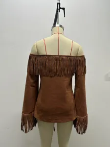 Women vintage fringe off shoulder top brown suede long sleeve western t-shirt top