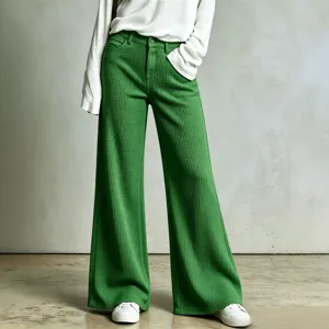 Green waffle knit wide leg casual pants detail view showing soft fabric texture and waistline.