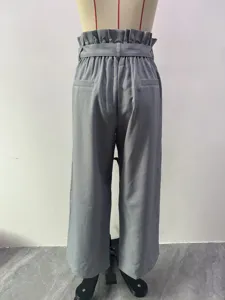 Grey high-waisted wide-leg pants with paperbag waist and belt, stylish casual trousers.