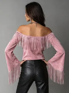 Women vintage pink faux suede off shoulder fringe long sleeve top western style blouse detail