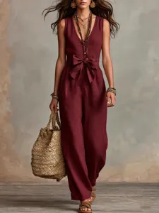 Combinaison sans manches en lin col V avec nœud à la taille, élégante coupe jambe large.