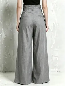 High waist wide leg trousers detail, casual grey cotton linen pants back view close up