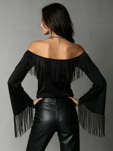 Women black off-shoulder fringe top suede long bell sleeve western shirt detail view