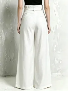 High waist cotton linen wide leg trousers for women, casual baggy loose fit white pants detail