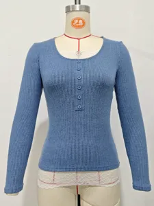 Women ribbed long sleeve top square neck button lace trim slim fit casual daily wear shirt