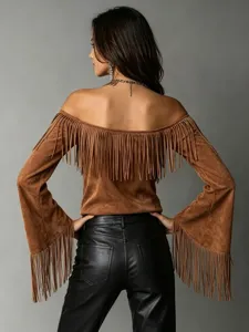 Vintage brown fringe suede off-the-shoulder long sleeve top for women western style.