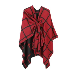 Red and black plaid cape shawl for women winter warm open front poncho outerwear stylish