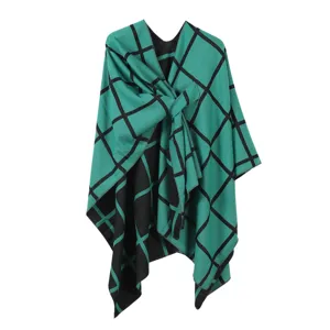 Green black plaid poncho cape for women autumn winter warm imitation cashmere open split shawl