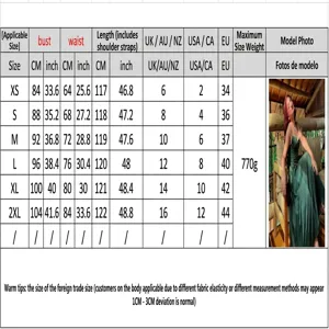 Size chart for women sexy slip dress with multi-country conversion and detailed measurements.