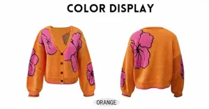 Cardigan tricoté pour femme avec motif jacquard floral rose, col V boutonné et manches.