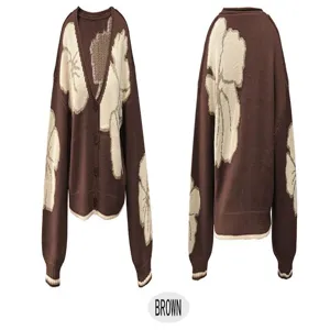 Gilet en tricot floral marron pour femme col V cardigan à simple boutonnage pull manteau