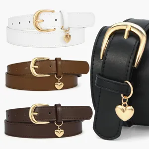 Women's PU Leather Belt Korean Style Heart Pendant Gold Buckle Casual Jeans Dress Belt