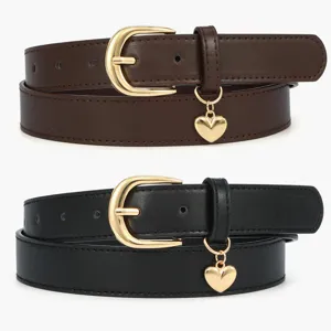Women PU leather belt with gold buckle and cute heart charm, stylish casual dress waist belt.