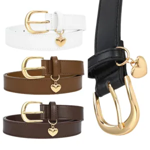 Korean style women belt with metal heart charm, PU leather casual decorative waist belt.