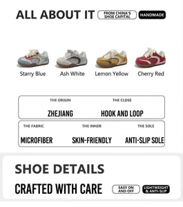 Détail de baskets décontractées pour enfants, options de couleur et fermeture Velcro.