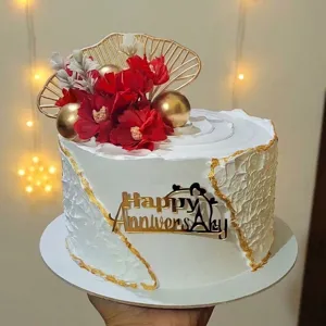 Estilo INS feliz aniversario topper tarta acrilico flores doradas accesorios tarta
