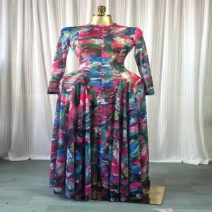 Women long sleeve mesh tie dye print maxi dress elegant casual party evening gown apparel.