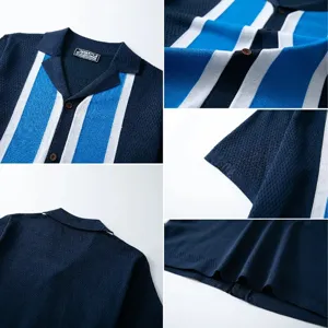 Men contrast stripe knitted polo shirt detail view, breathable open-knit fabric, cuban collar.