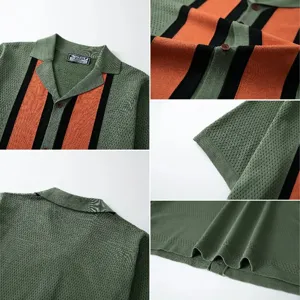 Detail view of men's contrast stripe knit polo shirt showcasing Cuban collar and mesh texture.