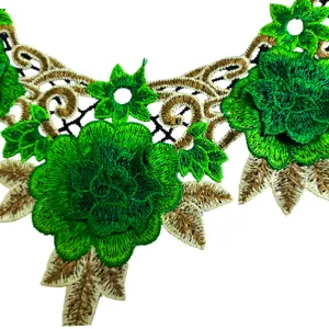 Groen gouden geborduurde kant kraag detail, bloem patch halslijn kant trim appliqué.