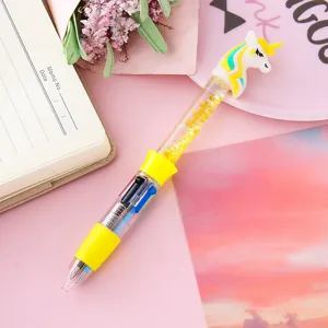 Cute unicorn quicksand 4-color ballpoint pen for sweet student stationery writing.