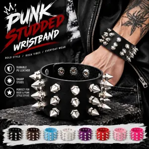 Bracciale in Pelle PU Larga con Borchie Punk Rock per Uomo Donna Cinturino Gotico Regolabile Gioielli Polsino Biker