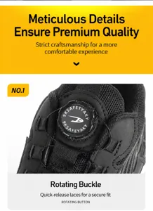 Detailed view of the safety work shoe with rotating button lace system, breathable black fabric.
