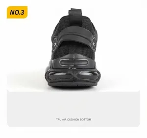 Vista trasera detallada del zapato de seguridad negro con suela de colchón de aire TPU.