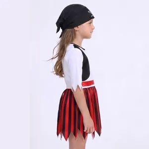 Kids pirate costume set featuring black headscarf, top, and striped skirt for party.