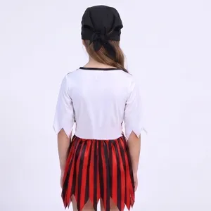 Details of the children Halloween pirate costume back view showing jagged sleeves and skirt.