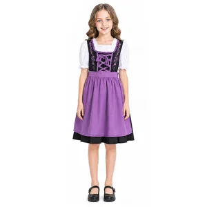 Kids Bavarian Traditional Dirndl Dress German Oktoberfest Maid Costume With Purple Apron Embroidery Performance Wear For Girls