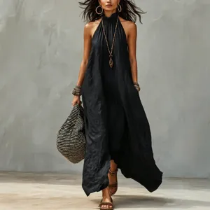 Women's black halter neck maxi dress bohemian loose sleeveless summer vacation beach long dress