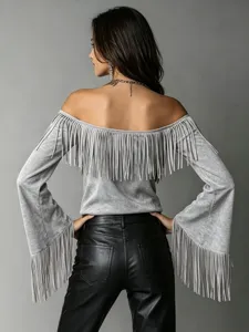 Back view detail of women off-shoulder fringe suede long sleeve top, western retro style shirt.