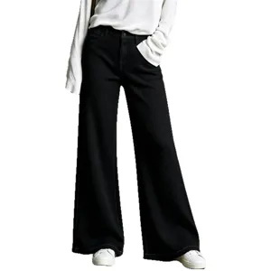Women casual waffle knit straight leg pants high waist loose black trousers for autumn winter