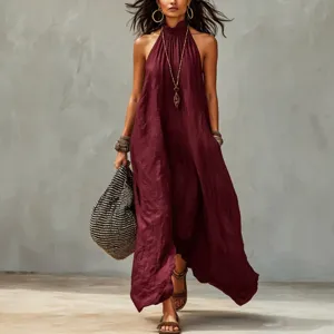 Bohemian halter maxi dress for women, casual sleeveless loose wrinkled long dress vacation.