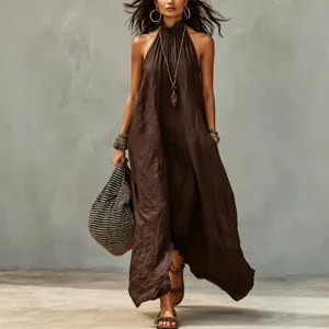 Stunning bohemian halter neck maxi dress for women, stylish wrinkled loose casual wear.