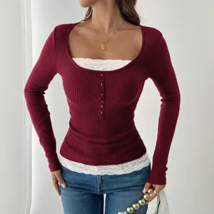 Women ribbed knit long sleeve top square neck white lace trim button fitted shirt blouse