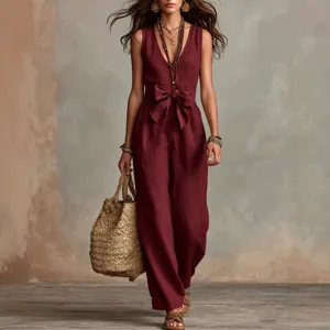 Combinaison pantalon lin col V sans manches nœud taille jambe large mode chic élégante