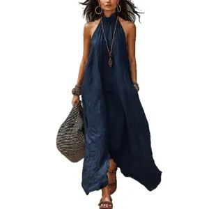Stunning Women Halter Neck Maxi Dress Boho Crinkled Sleeveless Backless Long Beach Dress