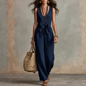 Combinaison pantalon femme en lin bleu foncé col V sans manches nœud élégante été.