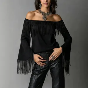 Women Casual Off Shoulder Fringe Suede Top Retro Western Long Sleeve T-Shirt Black