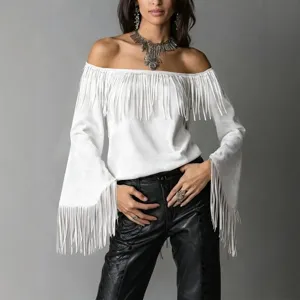 Women off shoulder fringe suede top vintage long bell sleeve boho western tee shirt white