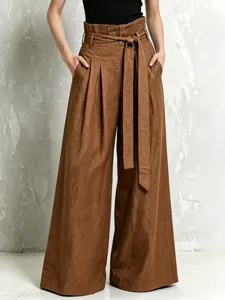 High waist cotton linen wide leg pants for women, stylish paperbag pleated trousers with belt.