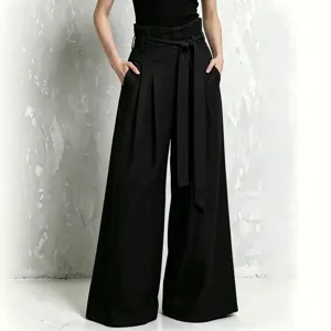 Stylish women high waist linen wide leg pants casual loose paperbag tie belt long trousers black