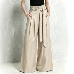 High waist linen wide leg pants for women with tie belt and pleated design for casual chic office wear.