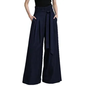 High-waisted linen blend wide leg pants for women paperbag waist belted navy blue view